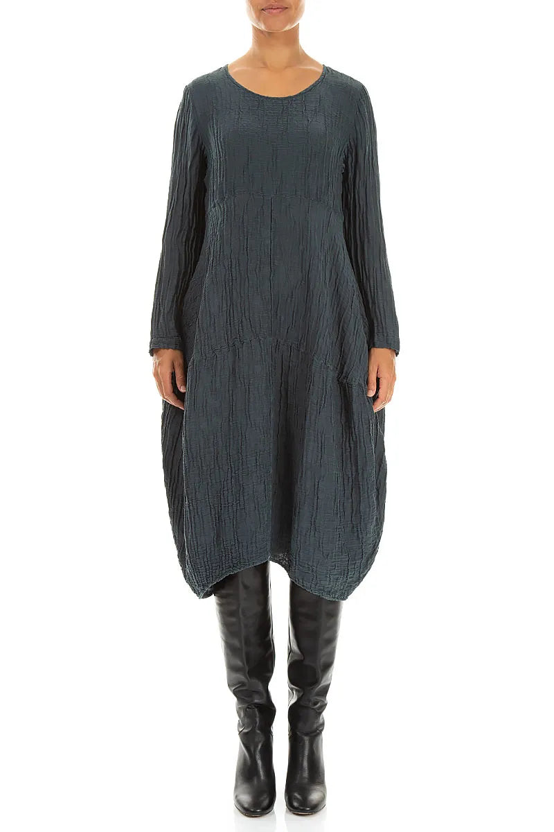 Long Sleeves Balloon Crinkled Slate Silk Linen Dress