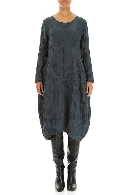 Long Sleeves Balloon Crinkled Slate Silk Linen Dress