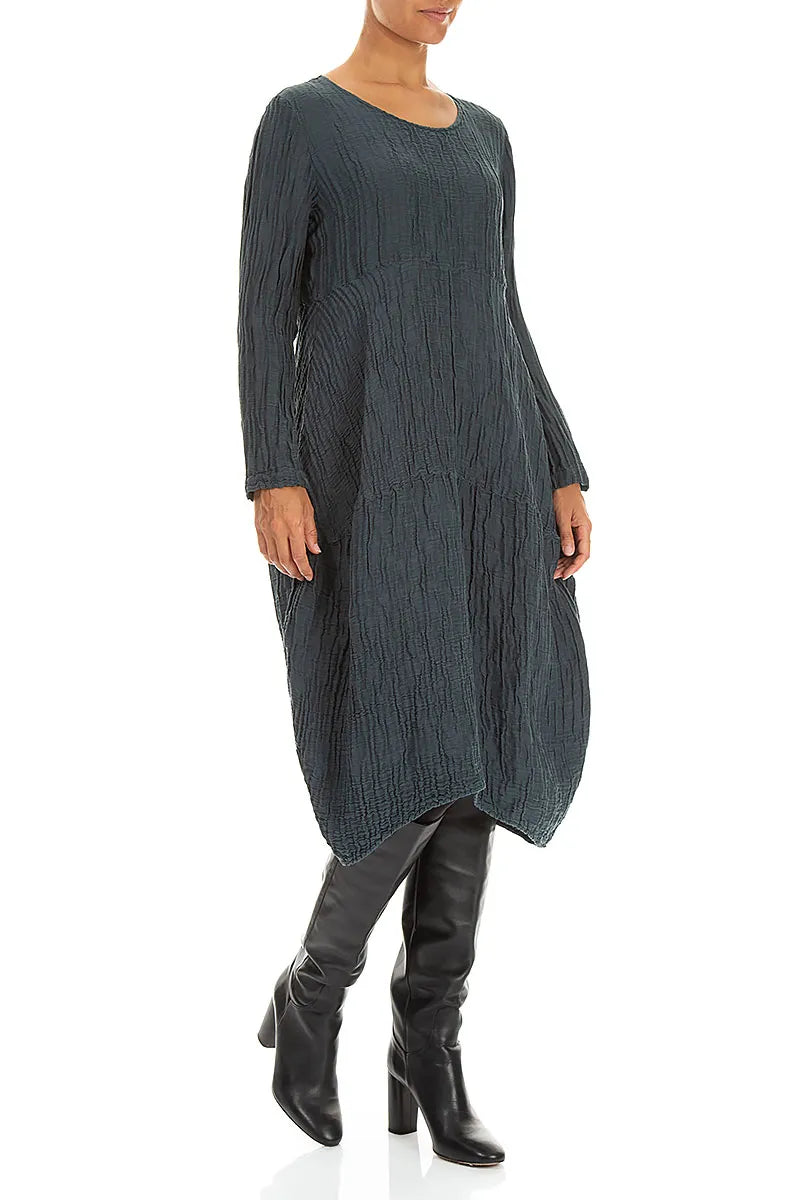 Long Sleeves Balloon Crinkled Slate Silk Linen Dress