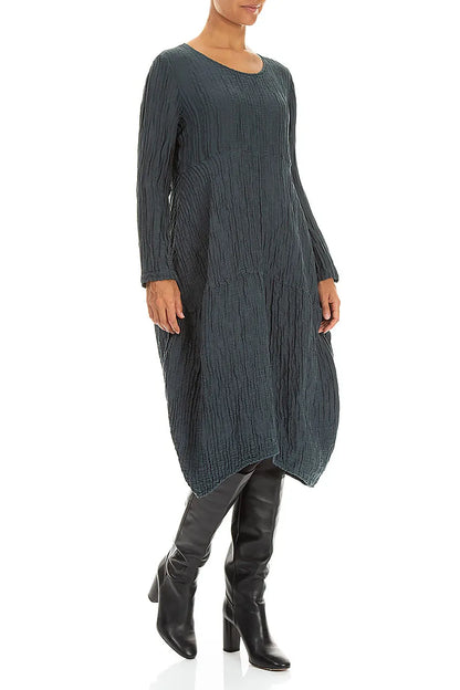 Long Sleeves Balloon Crinkled Slate Silk Linen Dress