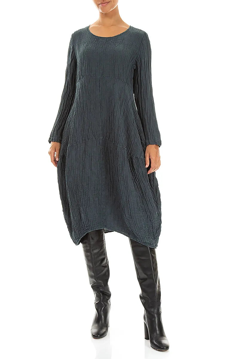 Long Sleeves Balloon Crinkled Slate Silk Linen Dress