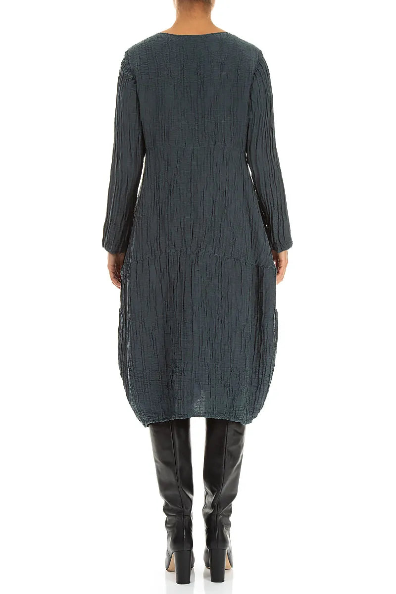 Long Sleeves Balloon Crinkled Slate Silk Linen Dress