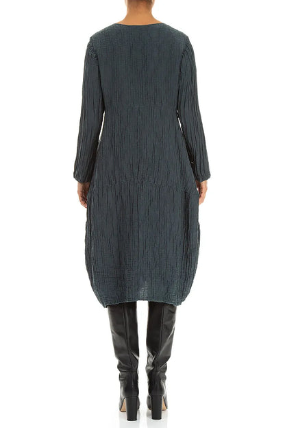 Long Sleeves Balloon Crinkled Slate Silk Linen Dress