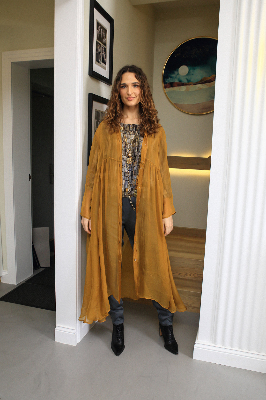 Long Yellow Ochre Silk Chiffon Jacket 1