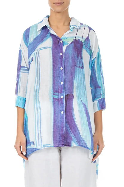Longer Back Blue Brushstroke Linen Shirt 1