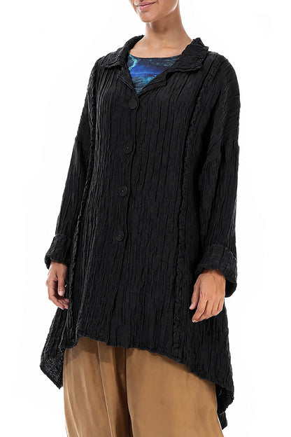 Longer Back Crinkled Black Silk Linen Jacket