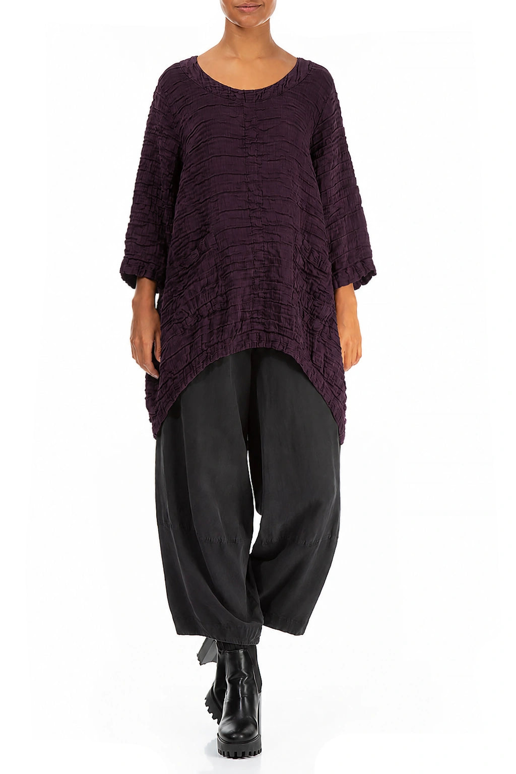 Longer Back Deep Plum Crinkled Silk Tunic