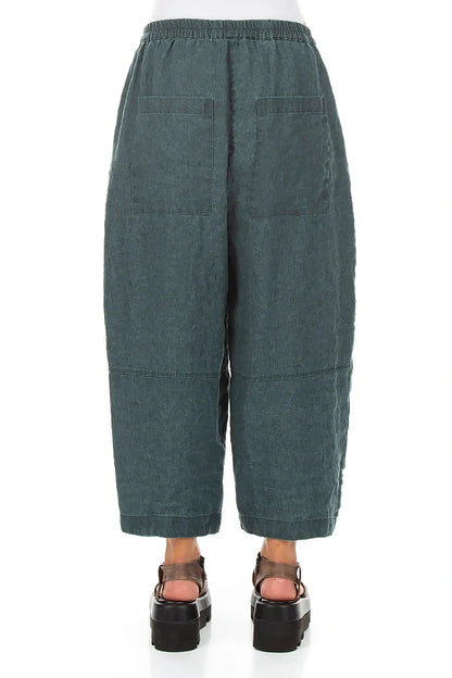 Loose Back Pockets Teal Linen Trousers 2