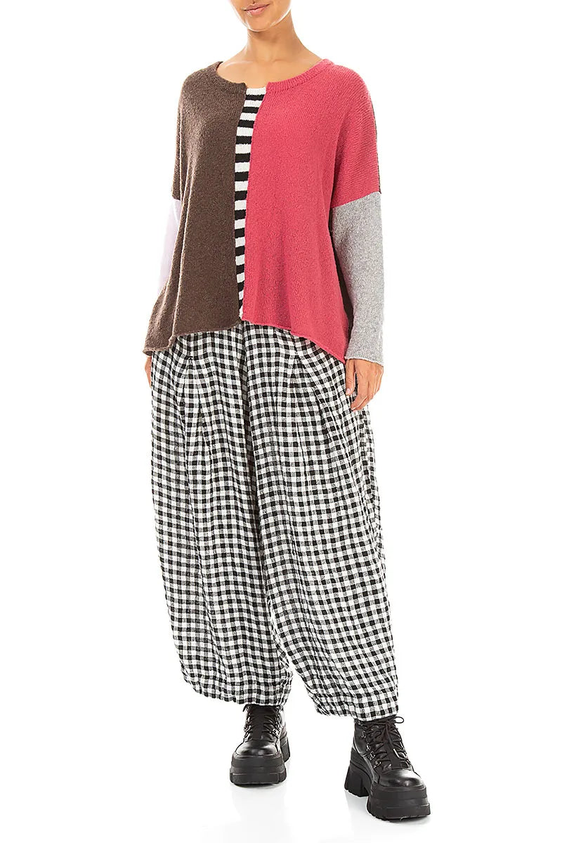 Loose Black &amp; White Check Linen Trousers