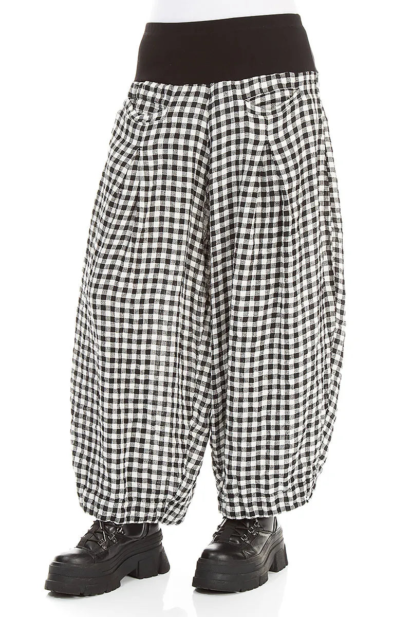 Loose Black &amp; White Check Linen Trousers