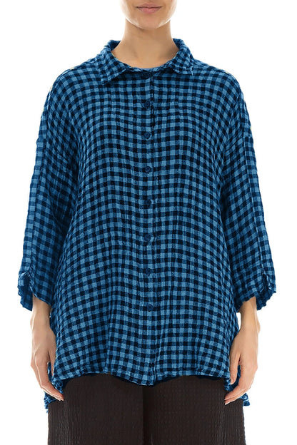 Loose Blue Check Linen Shirt 1