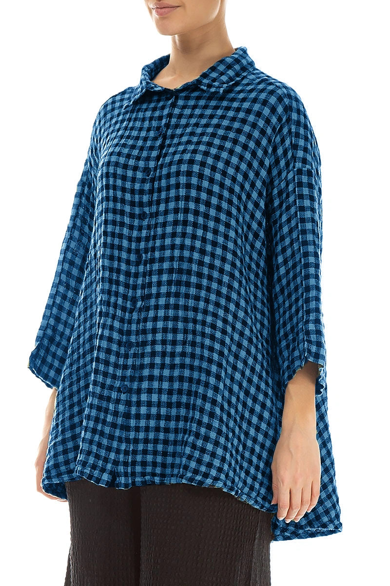 Loose Blue Check Linen Shirt 3