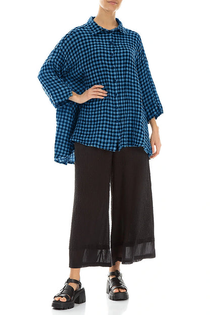Loose Blue Check Linen Shirt 4