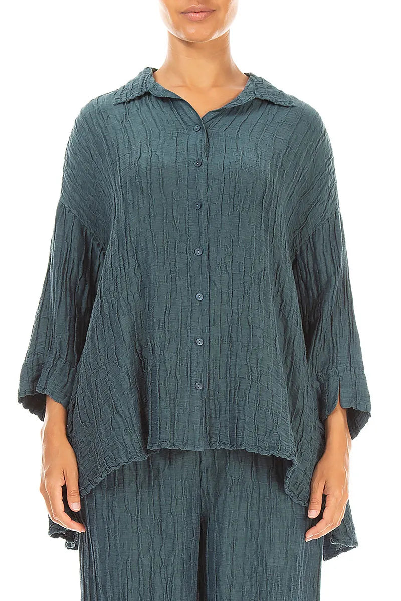 Loose Crinkled Deep Turquoise Silk Linen Shirt 1