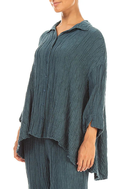Loose Crinkled Deep Turquoise Silk Linen Shirt