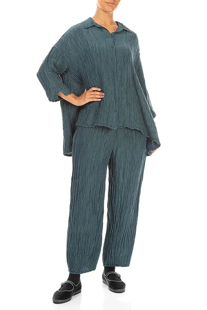 Loose Crinkled Deep Turquoise Silk Linen Shirt