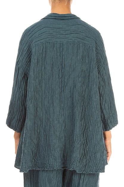 Loose Crinkled Deep Turquoise Silk Linen Shirt