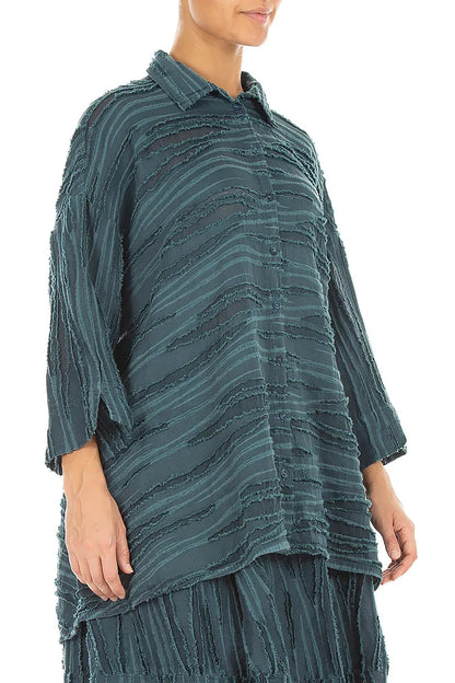 Loose Deep Turquoise Fray Weave Shirt 3