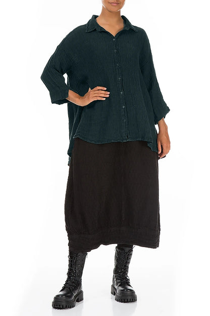 Loose Deep Turquoise Mélange Linen Shirt
