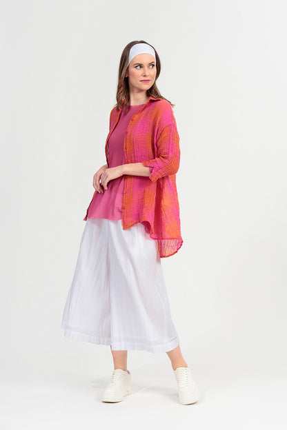 Loose Large Check Pink Orange Gauze Linen Shirt 8