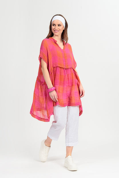 Loose Large Check Pink Orange Gauze Linen Tunic 8