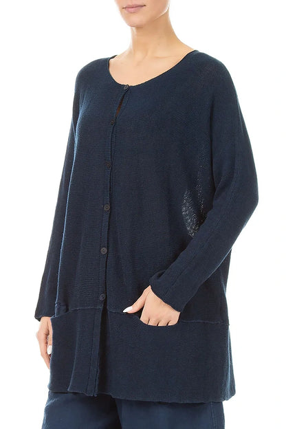 Loose Two Pockets Navy Linen Cardigan 3