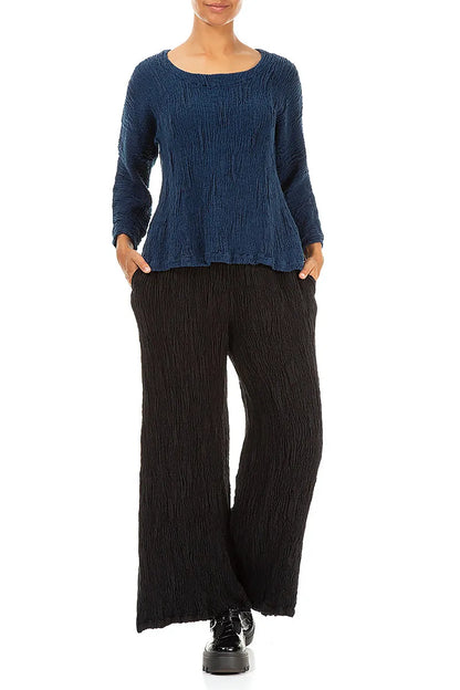 Wide Black Textured Silk Linen Trousers 4