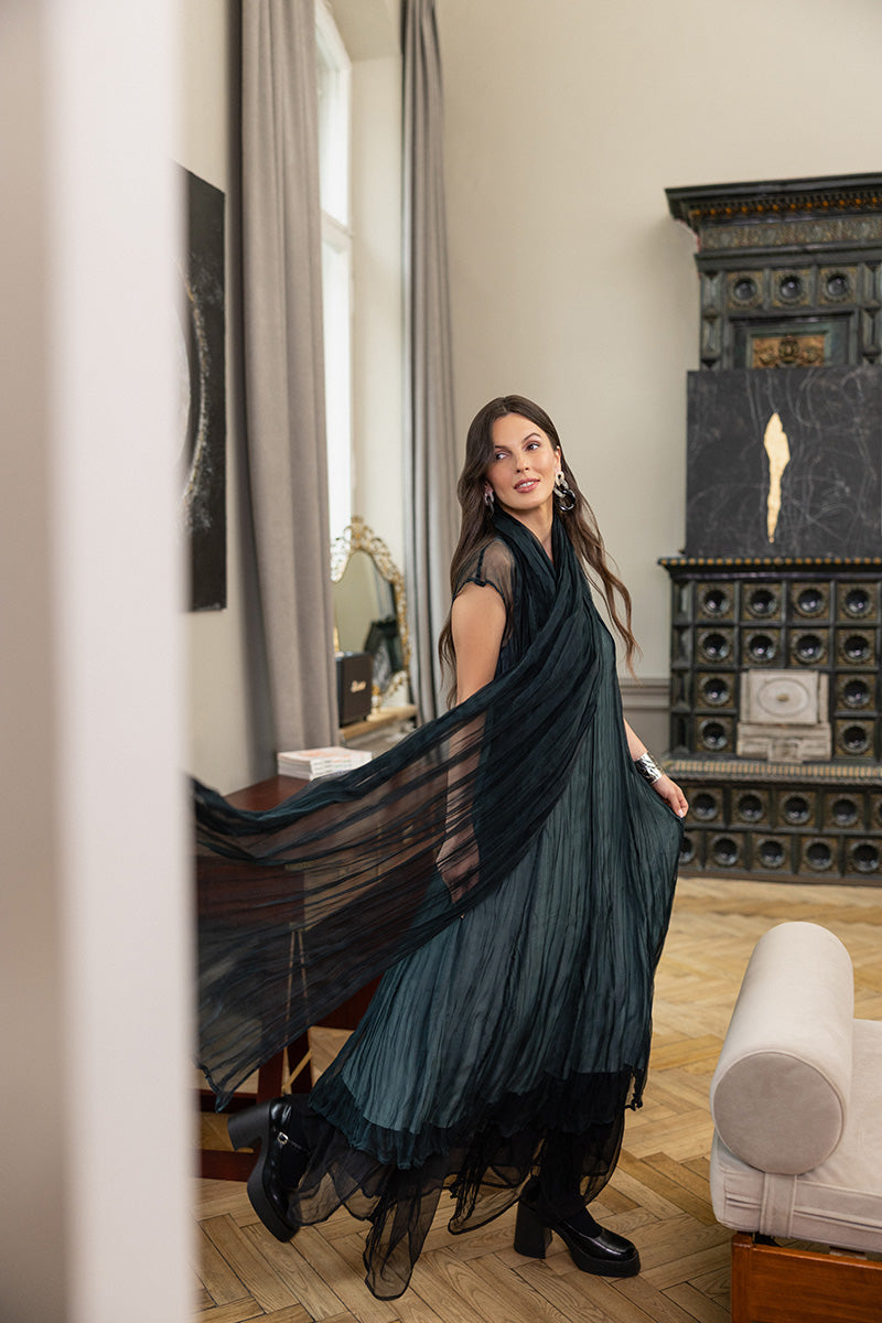Peacock Crumpled Silk Chiffon Dress 6