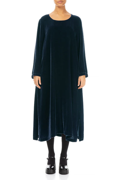 Petrol Blue Silk Velvet Shift Dress 1