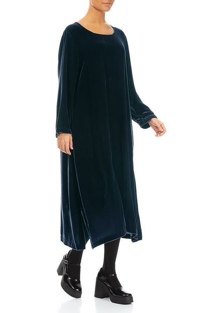 Petrol Blue Silk Velvet Shift Dress 4
