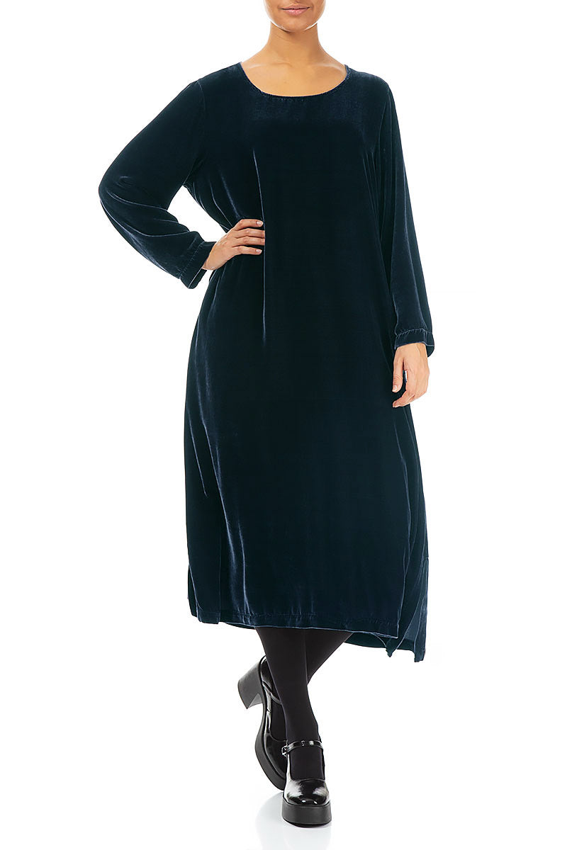 Petrol Blue Silk Velvet Shift Dress 3