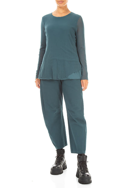Relaxed Barrel Deep Turquoise Stretch Cotton Trousers