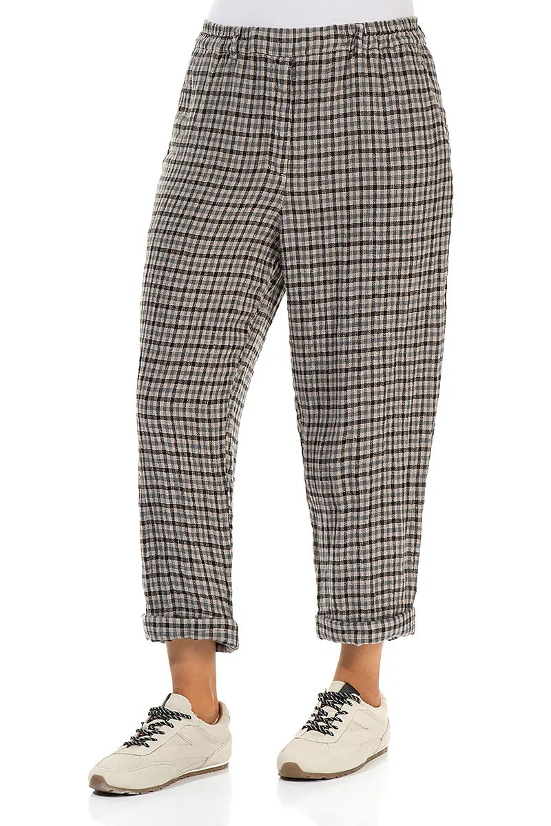 Roll Up Beige Heritage Check Linen Trousers 3