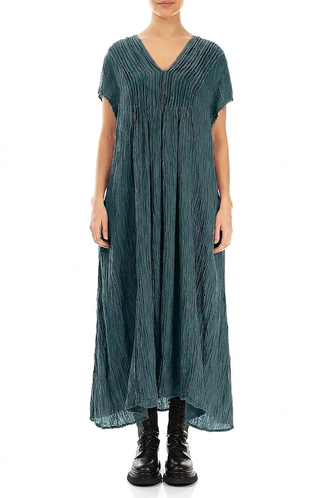 Romantic Crinkled Deep Turquoise Silk Dress