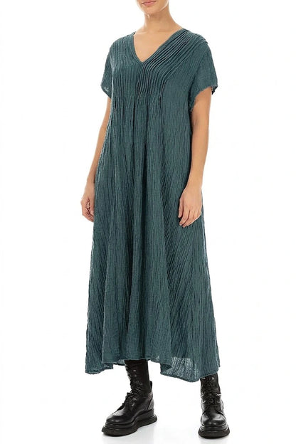 Romantic Crinkled Deep Turquoise Silk Dress