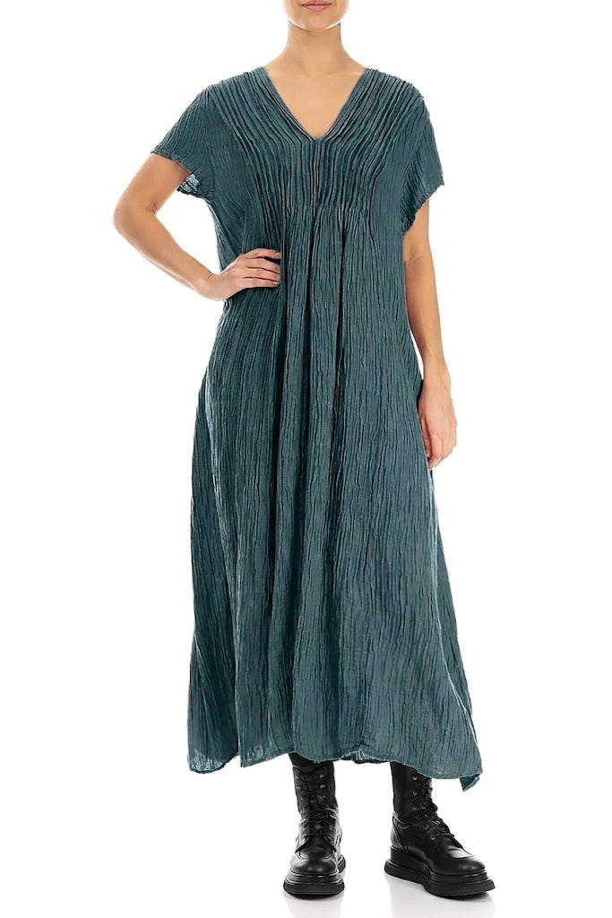 Romantic Crinkled Deep Turquoise Silk Dress