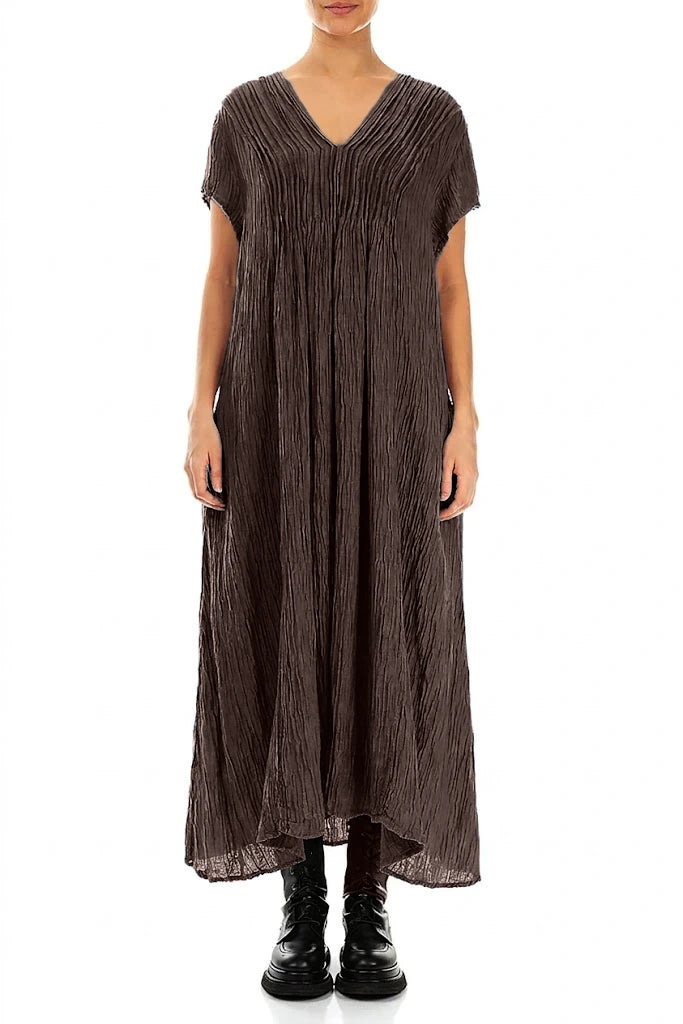 Romantic Crinkled Truffle Brown Silk Dress