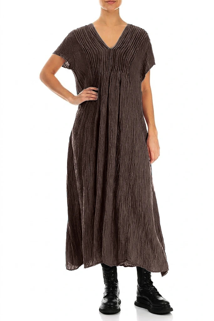 Romantic Crinkled Truffle Brown Silk Dress