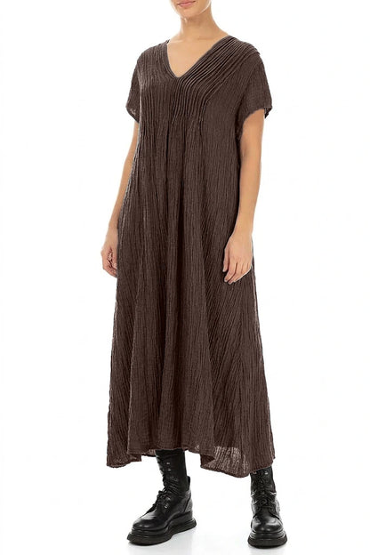 Romantic Crinkled Truffle Brown Silk Dress