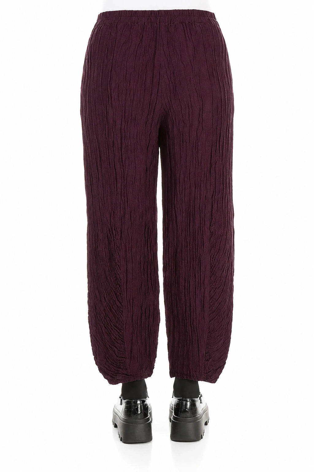 Ruched Hem Deep Plum Crinkled Silk Linen Trousers