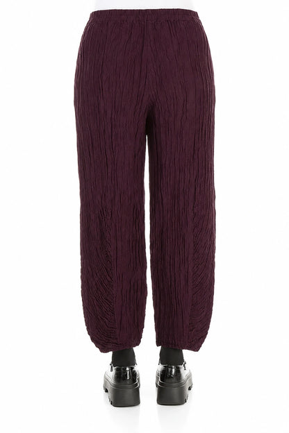 Ruched Hem Deep Plum Crinkled Silk Linen Trousers