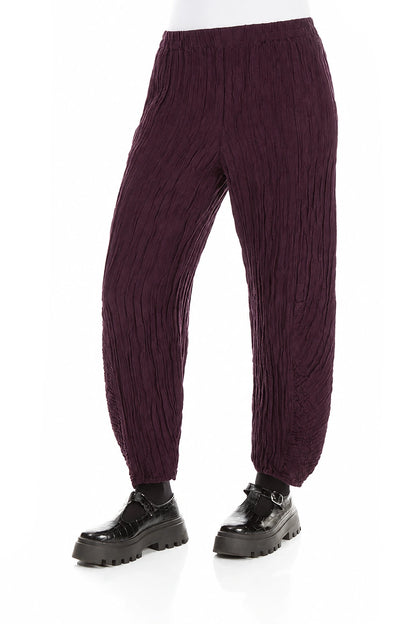 Ruched Hem Deep Plum Crinkled Silk Linen Trousers