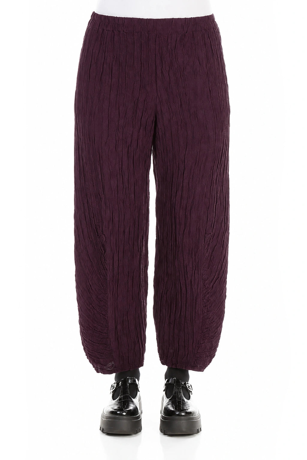 Ruched Hem Deep Plum Crinkled Silk Linen Trousers