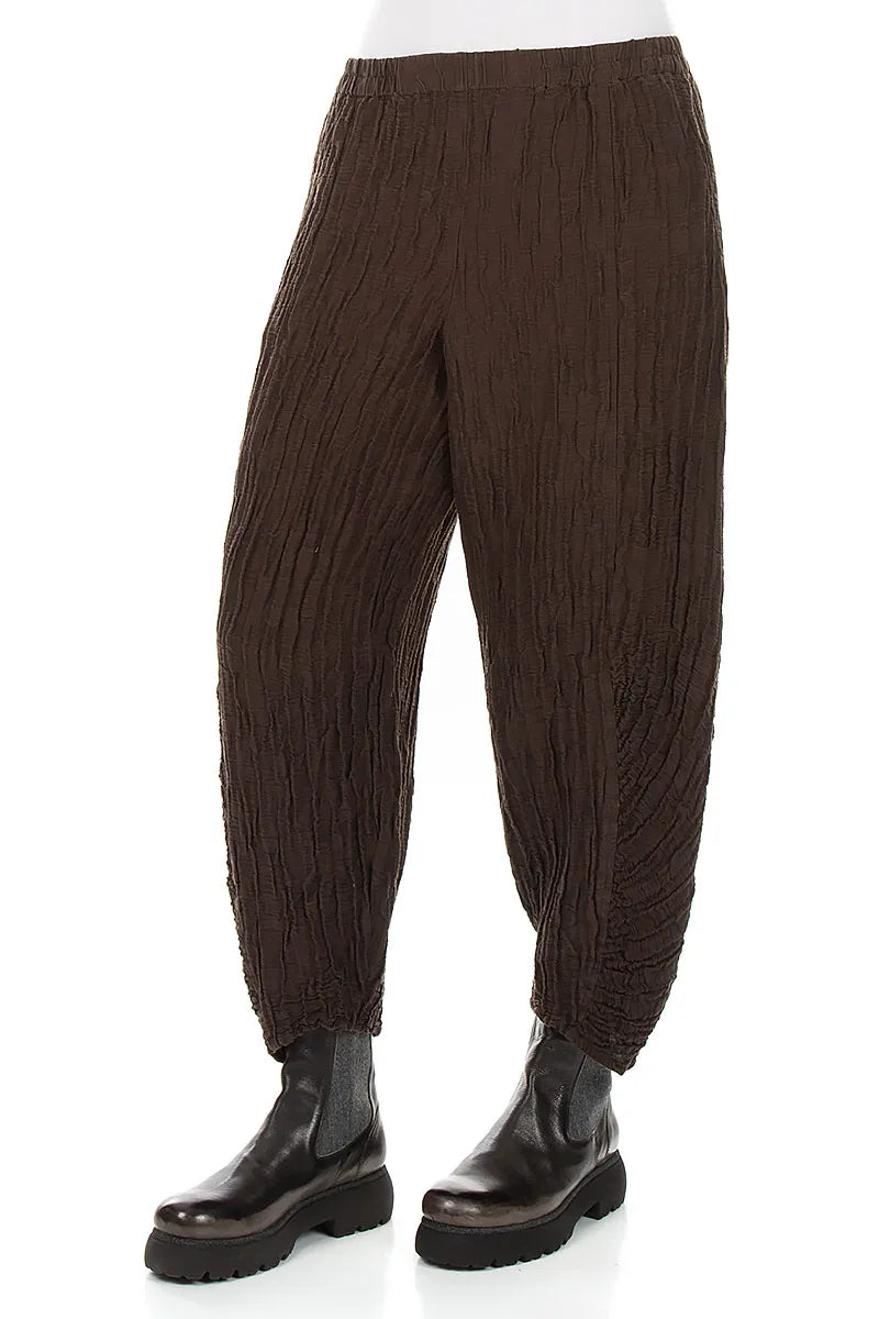Ruched Hem Truffle Brown Crinkled Silk Linen Trousers 3