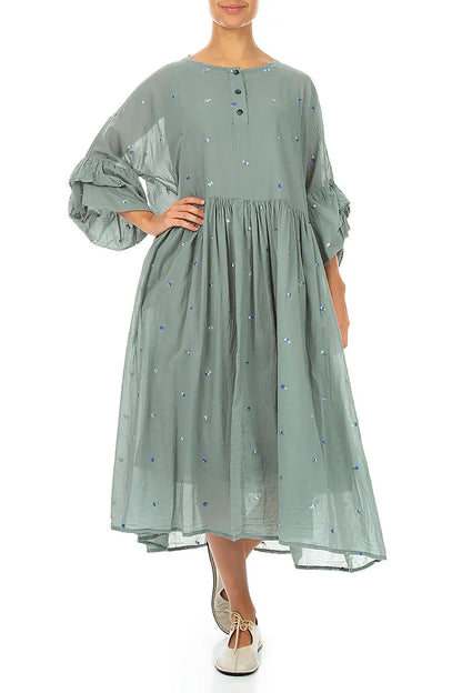 Ruffle Sleeve Sage Embroidered Petals Cotton Dress 4