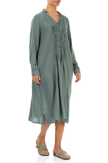 Sage Pintuck Linen Shirt Dress 3