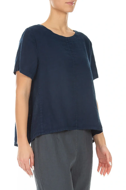 Short Sleeves Flared Navy Linen Top 3