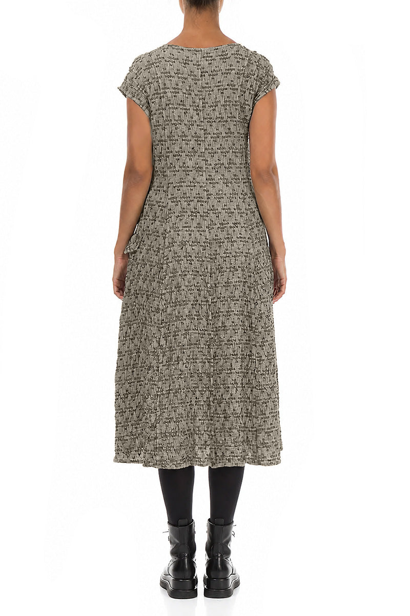 Side Pocket Geometric Texture Olive Grey Linen Dress
