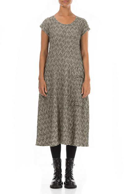 Side Pocket Geometric Texture Olive Grey Linen Dress