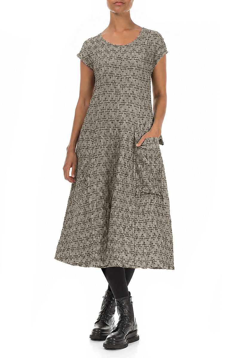 Side Pocket Geometric Texture Olive Grey Linen Dress